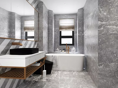 Elegant Modern Grey Marble Bathroom With Freestanding Tub And Brass Fixtures Home Interior Design 3d model
