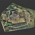 Detailed Terrain Model With Green Areas Blue Water Body Buildings And Pathways