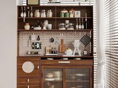 Wooden Sideboard With Glass Doors Open Shelves And Kitchen Items In Natural Light 3d model