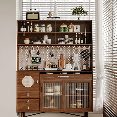 Wooden Sideboard With Glass Doors Open Shelves And Kitchen Items In Natural Light 3d model