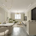 Modern Living And Dining Room With White Sofa Green Cushions Round Coffee Table And Chandelier