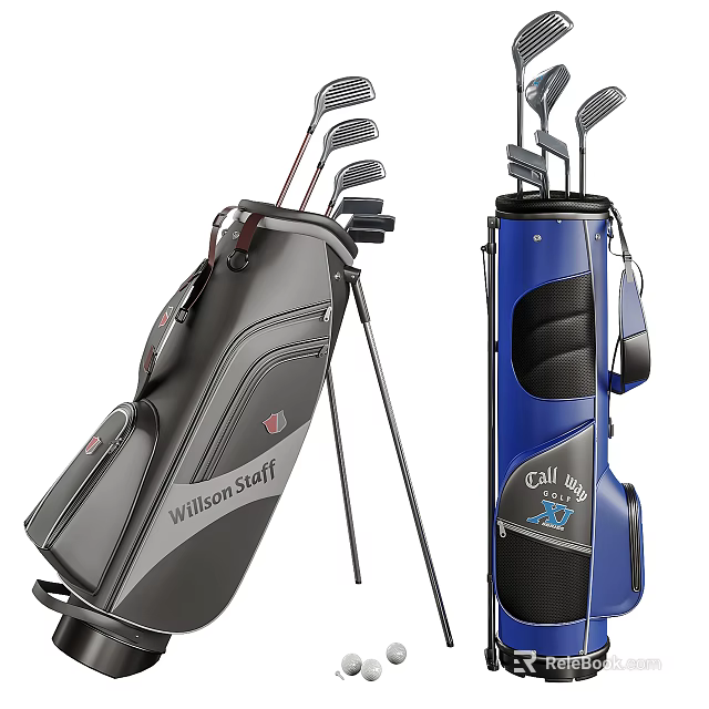 Golf Sports Equipment Bags Featuring William Staff Gray And Callaway Blue With Golf Clubs 3d model 