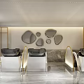 Modern Hair Beauty Salon Interior With Arched Wooden Decor Round Mirrors Chandeliers And Hairdressing Chairs