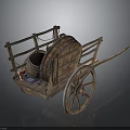 Ancient Wooden Cart With Large Barrel And Spoked Wheel Structure