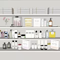 Elegant Perfume And Cosmetic Display Shelves With Various Bottles And Boxes