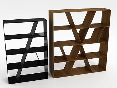 Modern Geometric Bookshelf Design With Black And Brown Wooden Shelving Units 3d model