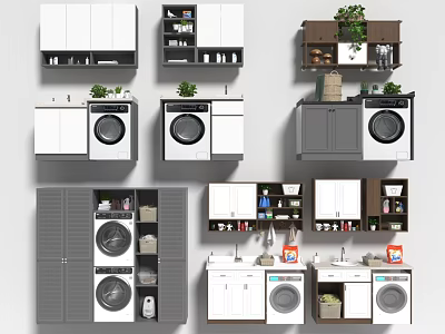 Modern Bathroom Cabinet Racks With Washing Machine Storage And Potted Plant Decorations 3d model