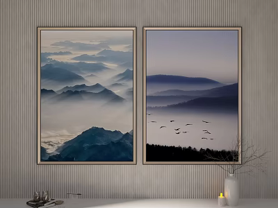 Two Landscape Paintings with Layered Mountains Mist Flying Birds and Gradient Sky 3d model