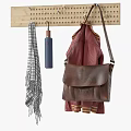 Wall Mounted Wooden Hook With Plaid Scarf Blue Umbrella Red Coat And Brown Leather Bag
