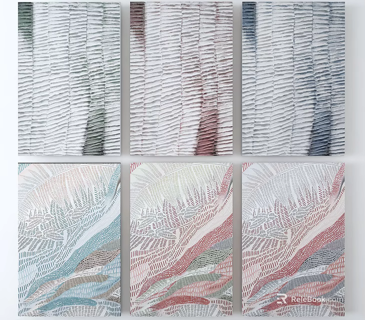 Modern Colorful Abstract Wall Art Paintings With Striped Patterns And Mixed Tones 3d model 