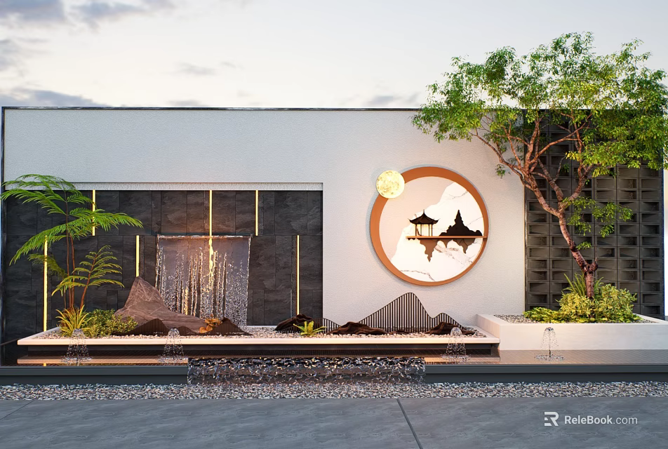 Modern Garden Wall With Circular Pagoda Design Water Feature And Green Plants 3d model 