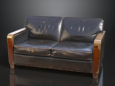 Vintage Distressed Black Leather Sofa And Coffee Table Set With Wooden Accents 3d model