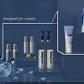 Elegant Women Perfume Cosmetics Display With Blue Rose And Skincare Bottles