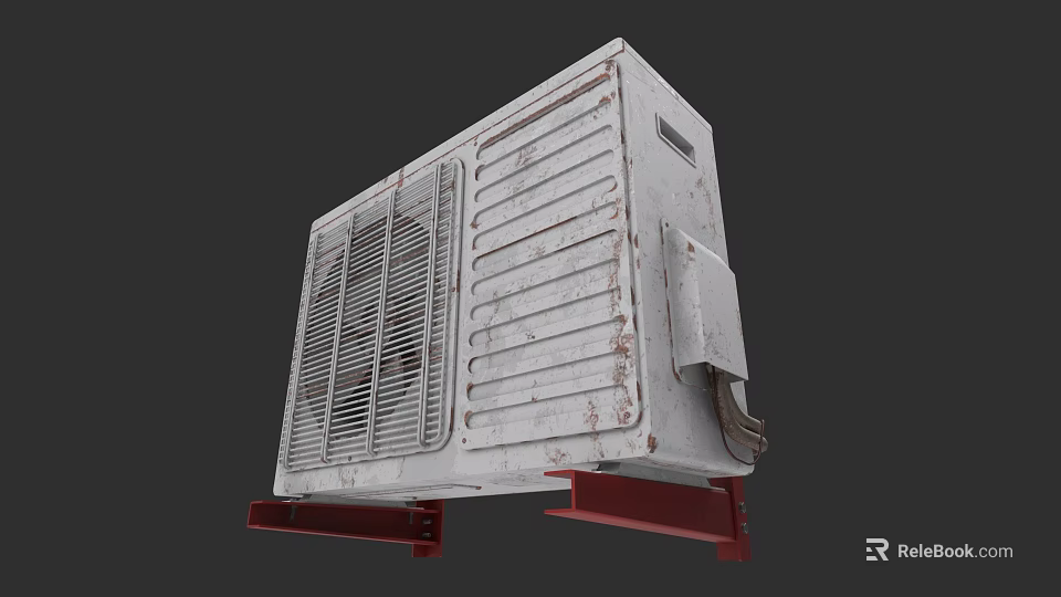 White Rusted Air Conditioner Fan With Metal Grille And Red Base 3d model 