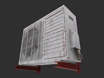 White Rusted Air Conditioner Fan With Metal Grille And Red Base 3d model