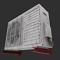 White Rusted Air Conditioner Fan With Metal Grille And Red Base