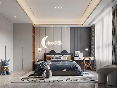 Cozy Kids Bedroom Interior With Moon Decor Bed Storage Desk And Playful Rug 3d model