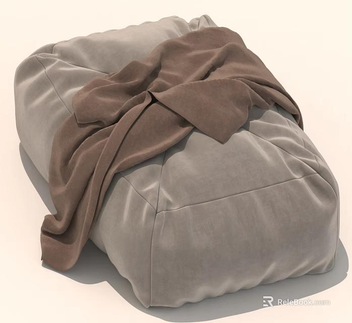 Relaxing Soft Gray Bean Bag Chair with Plush Brown Blanket Draped Over 3d model 