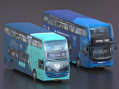 Teal And Blue Double Decker Buses With Brighton Route Numbers 12 And 501 3d model