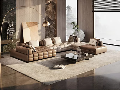 Modern Living Room Sofa Coffee Table Set With Arched Floor Lamp And Area Rug 3d model
