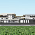 Modern Multi Story White Exterior School Building With Water Pool Lawn And People Walking