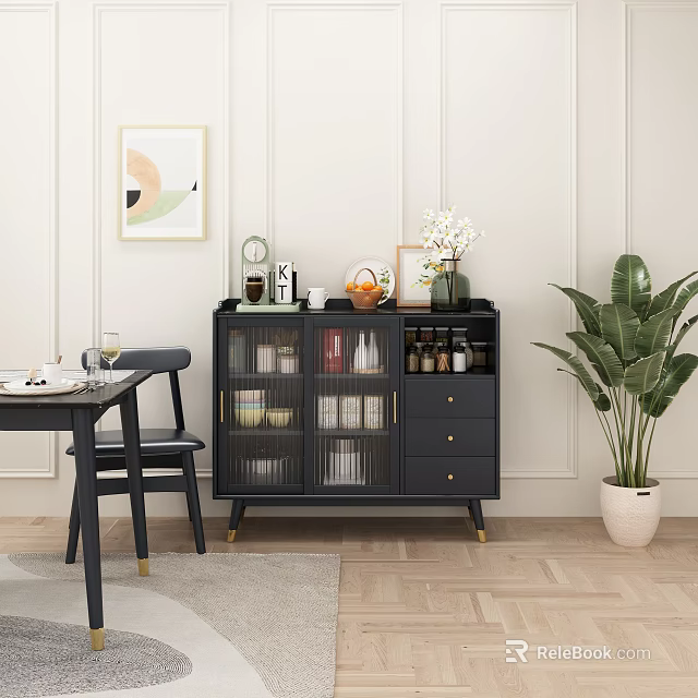 Dining Room Black Sideboard With Glass Doors Vase Tea Set And Potted Plant 3d model 