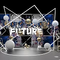 Modern Stage Design With Geometric Frames Blue Background Gold White Spheres Floral Decorations FUTURE Lettering