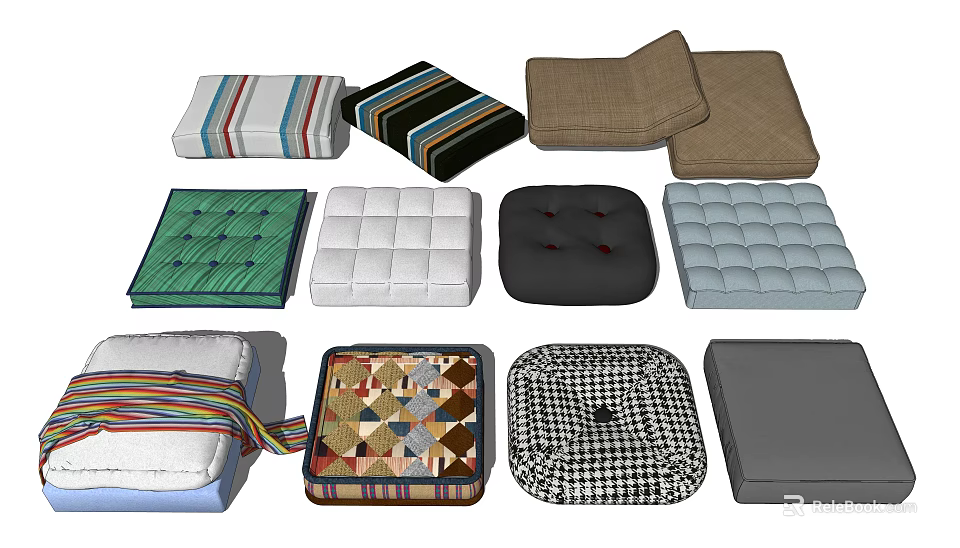Colorful Decorative Seat Cushions With Striped Checkered And Geometric Patterns 3d model