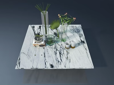 Stylish Pet Cabinet With Marble Tabletop And Decorative Plants Vases 3d model