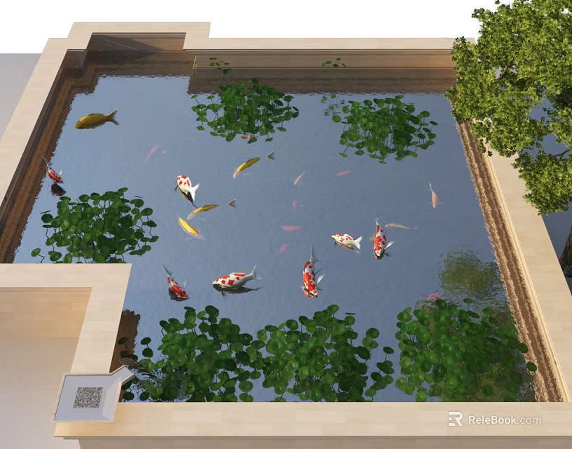 Garden Landscape With Pond Koi Fish Lotus Leaves And Green Plants 3d model 