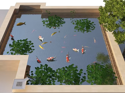 Garden Landscape With Pond Koi Fish Lotus Leaves And Green Plants 3d model