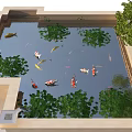 Garden Landscape With Pond Koi Fish Lotus Leaves And Green Plants
