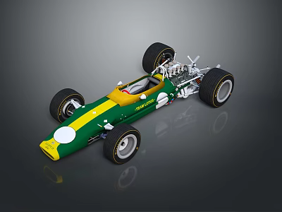 Green and yellow race car model with four wheels white dot and reflective gray background 3d model