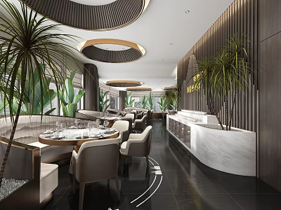 Modern Restaurant Interior Design With Dining Tables Chairs Green Plants Wooden Walls And White Counter 3d model