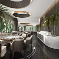 Modern Restaurant Interior Design With Dining Tables Chairs Green Plants Wooden Walls And White Counter