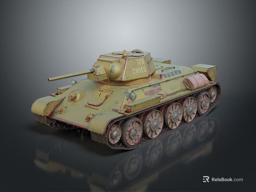 Old Worn Tank With Rusty Olive Green Paint Turret Cannon And Tracks 3d model 