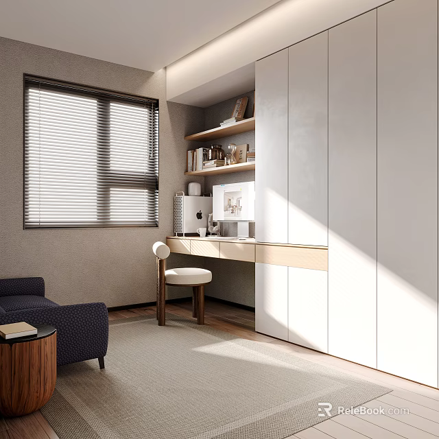 Modern Study Room Interior With Desk Bookshelf Sofa And Large Windows With Blinds 3d model