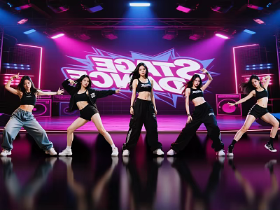 Women Dancing on Dance Stage with Neon Lights Wearing Black Tops and Various Pants 3d model