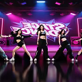 Women Dancing on Dance Stage with Neon Lights Wearing Black Tops and Various Pants