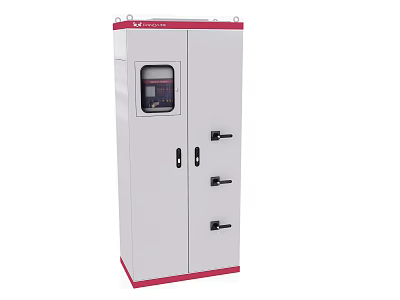 Industrial Control Cabinet With White Body Red Trim Front Display Window And Double Doors 3d model