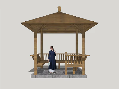 Traditional Wooden Pavilion With Roof Structure And Wooden Bench With Person Standing 3d model