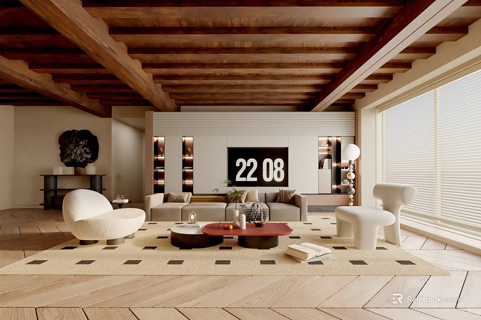 Warm Modern Living Room Interior With Wooden Ceiling Beams White Armchair And Round Coffee Tables 3d model 