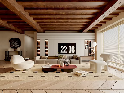 Warm Modern Living Room Interior With Wooden Ceiling Beams White Armchair And Round Coffee Tables 3d model