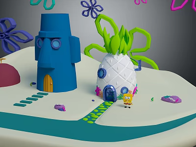 Cartoon Style Pineapple House And Blue Tower With Green Curly Plants Pathway And SpongeBob Character 3d model