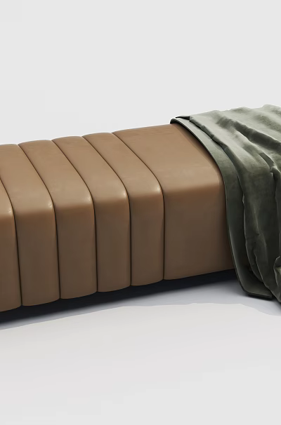 Brown Long Stool Featuring Vertical Stripes With Dark Green Cloth Draped On Top 3d model