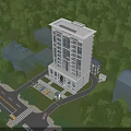Modern Office Building Surrounded By Lush Green Trees And Road Parking Area