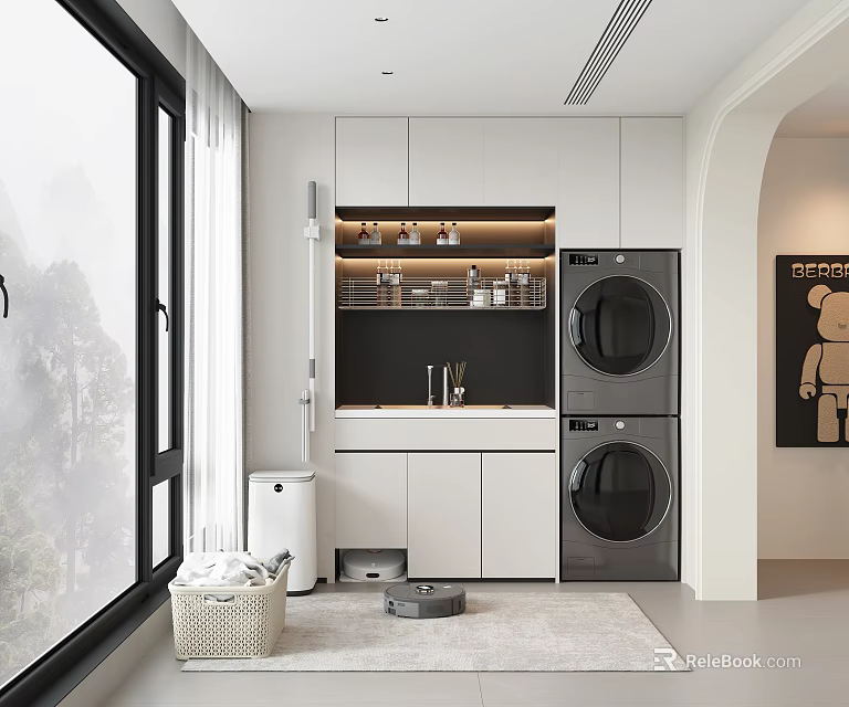 Home Balcony Laundry Area With Stacked Washing Machines White Storage Cabinets And Natural Light 3d model 