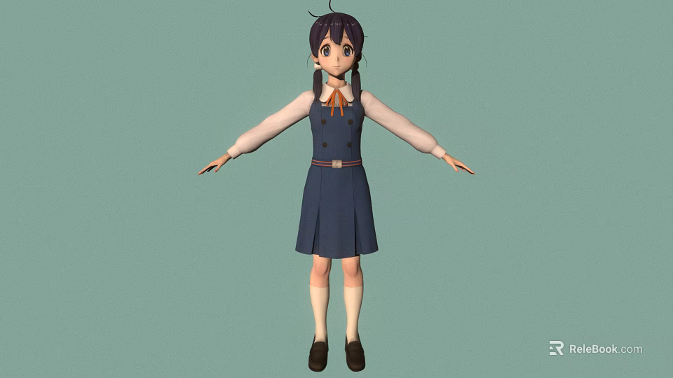 Anime Girl In Navy Blue School Uniform With Twin Tails White Sleeves And Red Necktie 3d model 