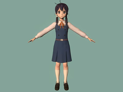 Anime Girl In Navy Blue School Uniform With Twin Tails White Sleeves And Red Necktie 3d model
