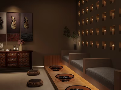 SPA Sauna Cozy Ambiance Featuring Decorative Paintings Wall Lights Bench Woven Mats And Wooden Table 3d model